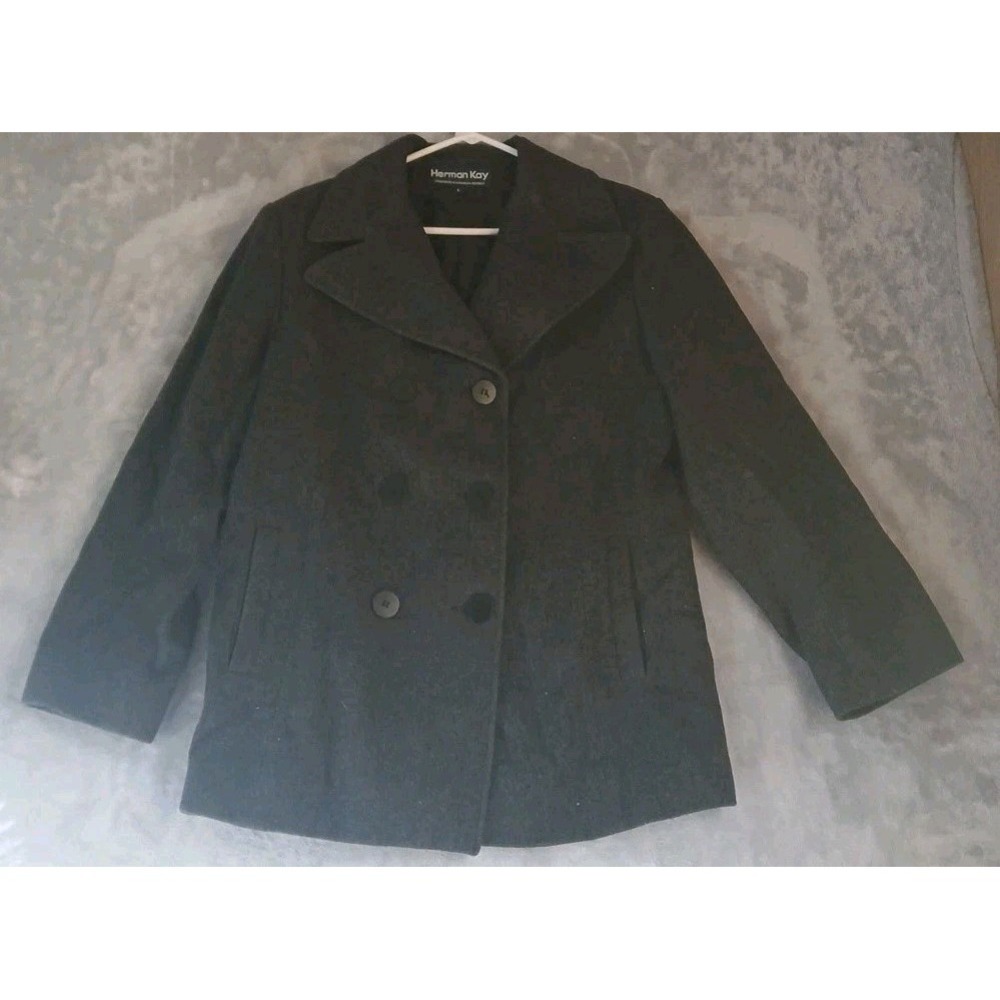 Herman Kay Womens Pea Coat Sz L 100%‎ Wool Dark Grey Double Breasted Blk Button